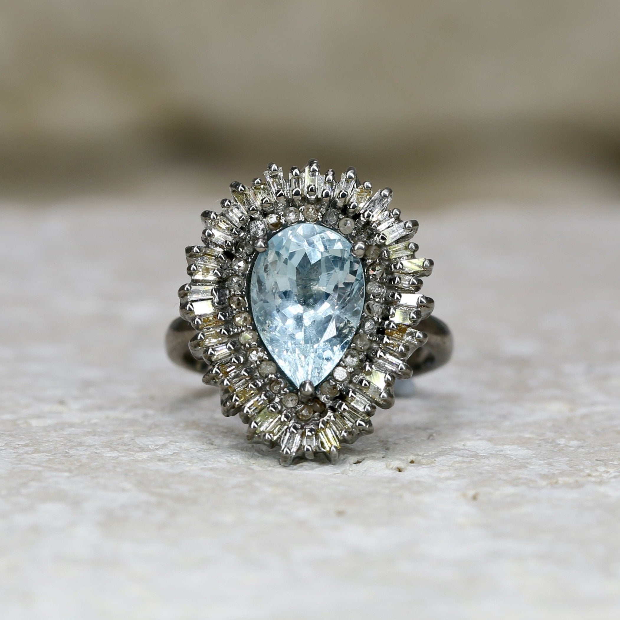 Isla Aquamarine + Diamond Ring • Baguette Diamonds • Blackened Silver • Diamond • Engagement Ring