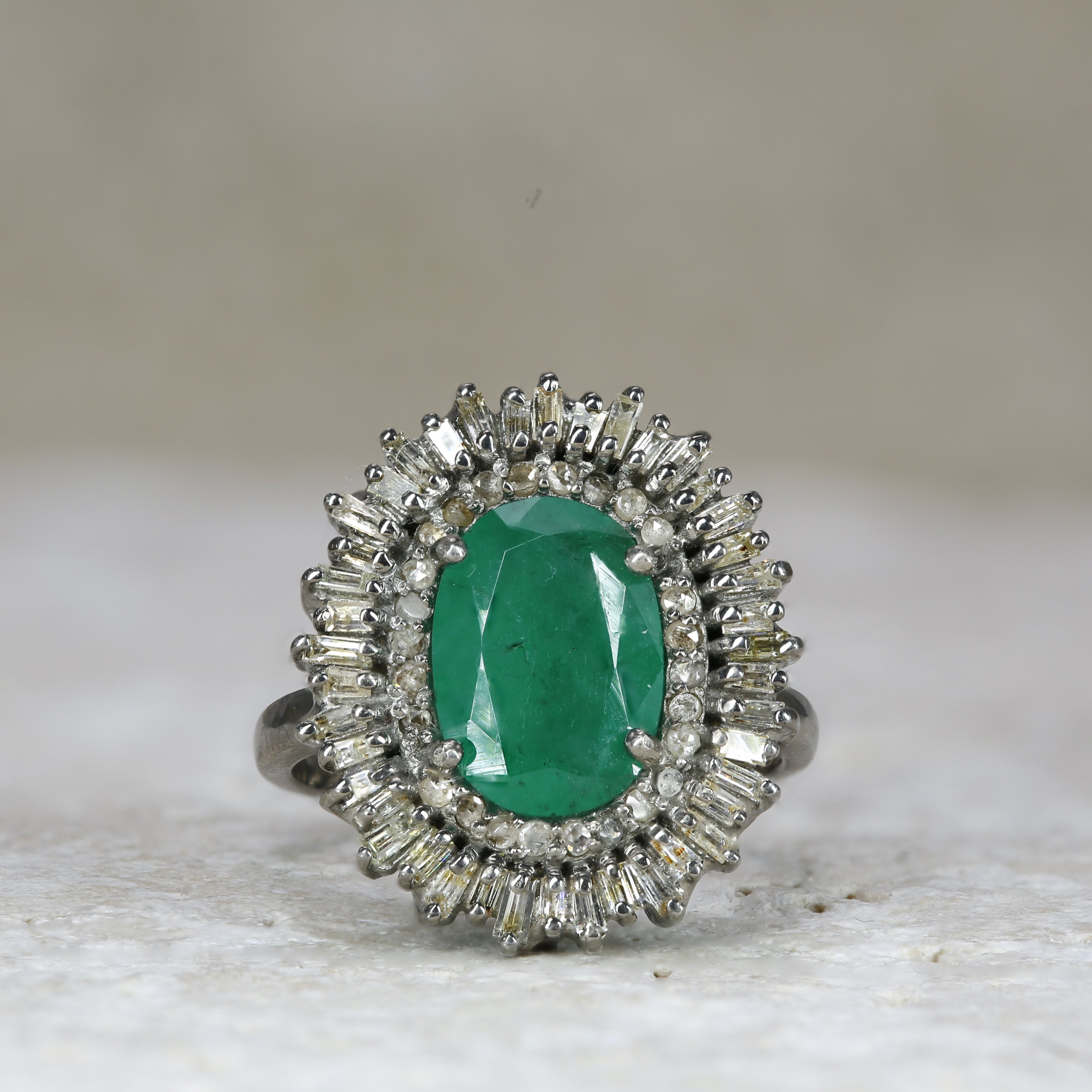 Rosalie Emerald + Diamond Ring Baguette Diamonds • Blackened Silver • Diamond • Diamond Halo Ring